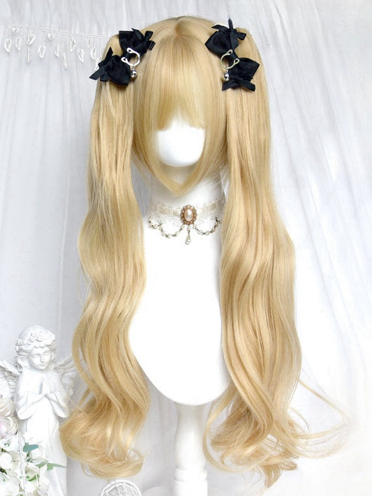Blonde Short Bob Cut Wig With Bangs＋60CM Double Ponytail Claw Clips