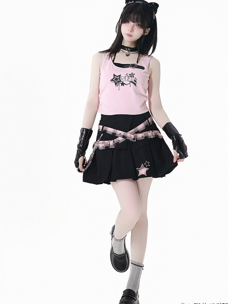 Pink Plaid Buckle Straps Star Applique Black Box Pleat Skirt