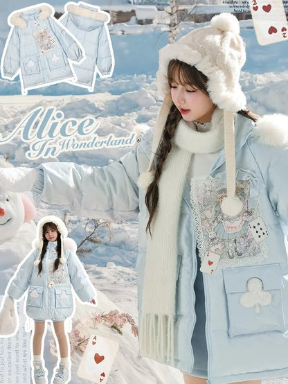 Applique Blue Hooded Down Coat