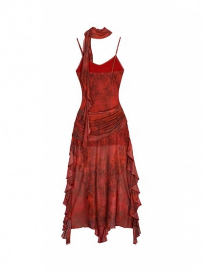 Slip Red Asymmetrical Tie-Dye Brooch Floral Print Layered Mesh with Flame Dress Hem