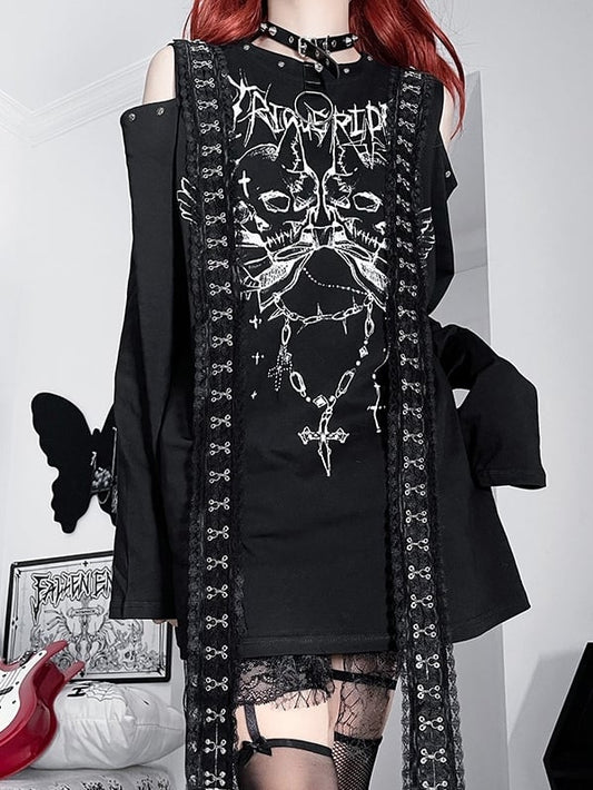 Emo Long And Cutout Letter Top BlackWhite Punk Skeleton Print Sleeves Shoulder
