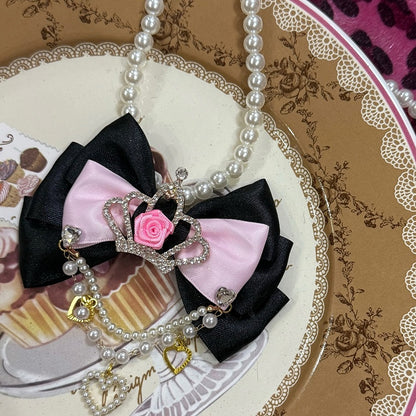 Rhinestone Beaded Heart Black/Pink Crown And Pendant Necklace Bowknot Decorated