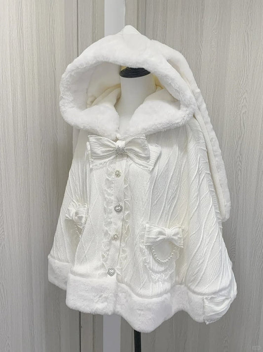 Hood Plush Cape Design Jirai Kei Beige Bunny Ears Bowknots Detachable