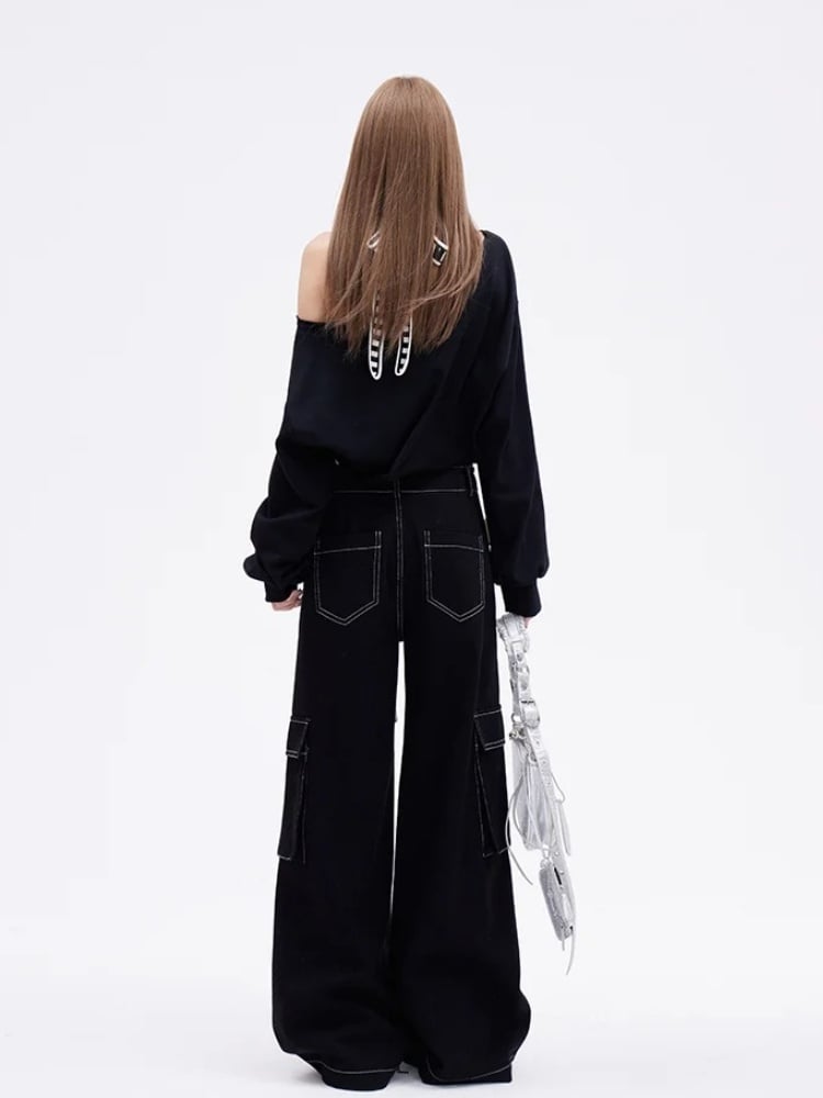 Glamorous Cropped Black Asymmetrical Neckline Letter Embroidery Sweatshirt