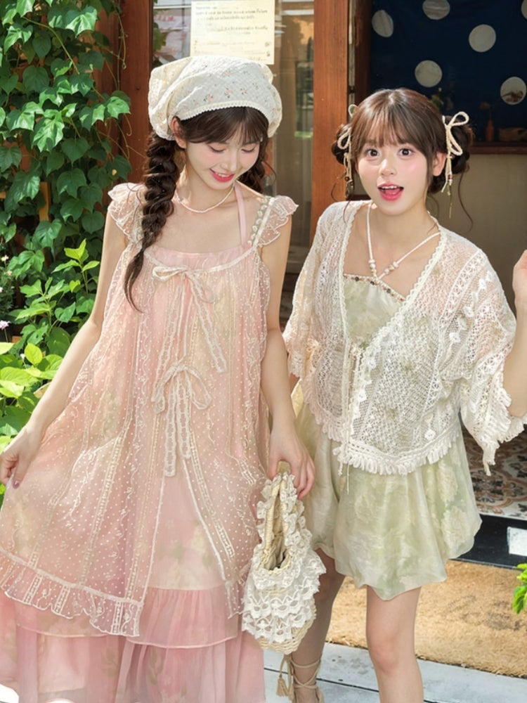 Sleeves Neck Tiered Slip Skirt Polka-dot Dress+Flutter Overdress Yume Kawaii Pink Set-	Halter Two-pieces