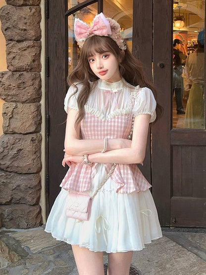 Mit zweiteiligem Faux Pink Kleid Muster Plaid Weiß