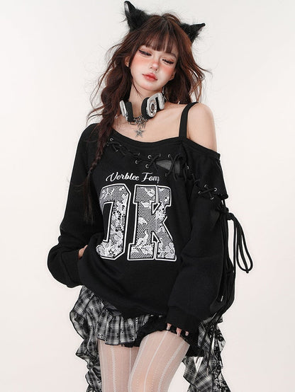 Lace Letter Appliques Black Sweatshirt Lace-up Detail