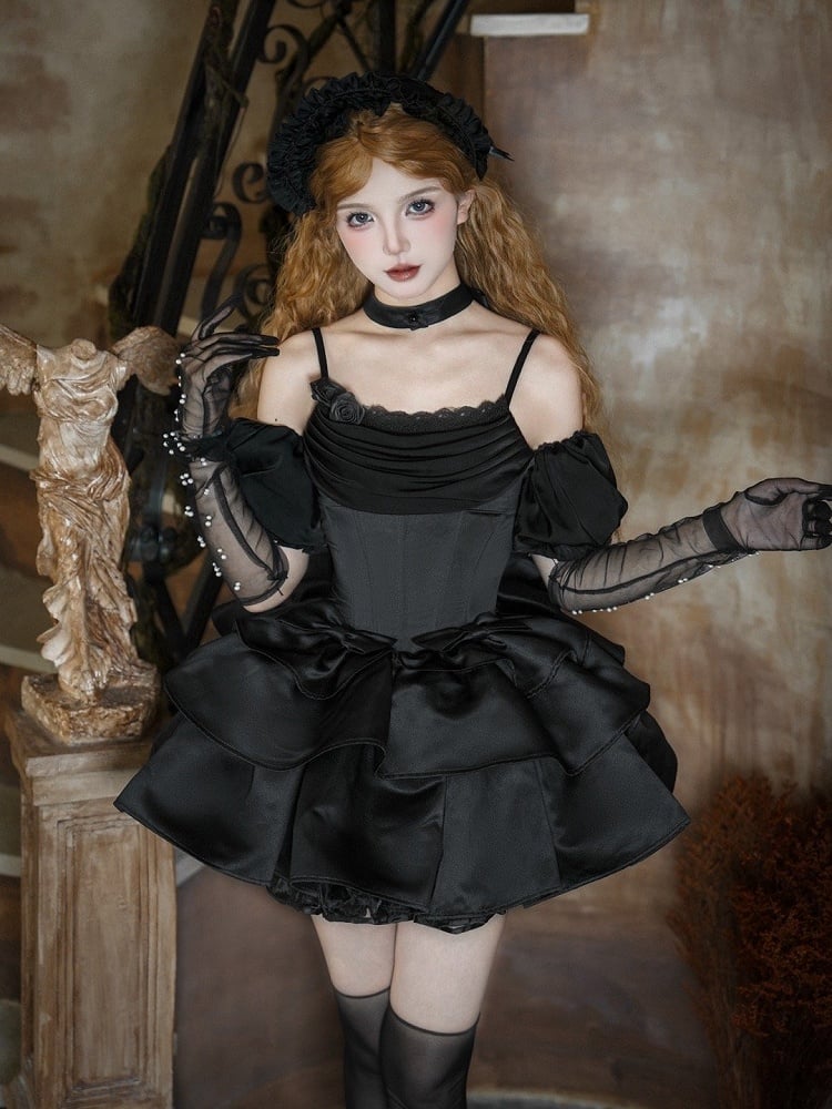 Lolita Full Black Boned Spaghetti Elegant Set Waist Cowl Basque Skirt Neckline Dress Jumper