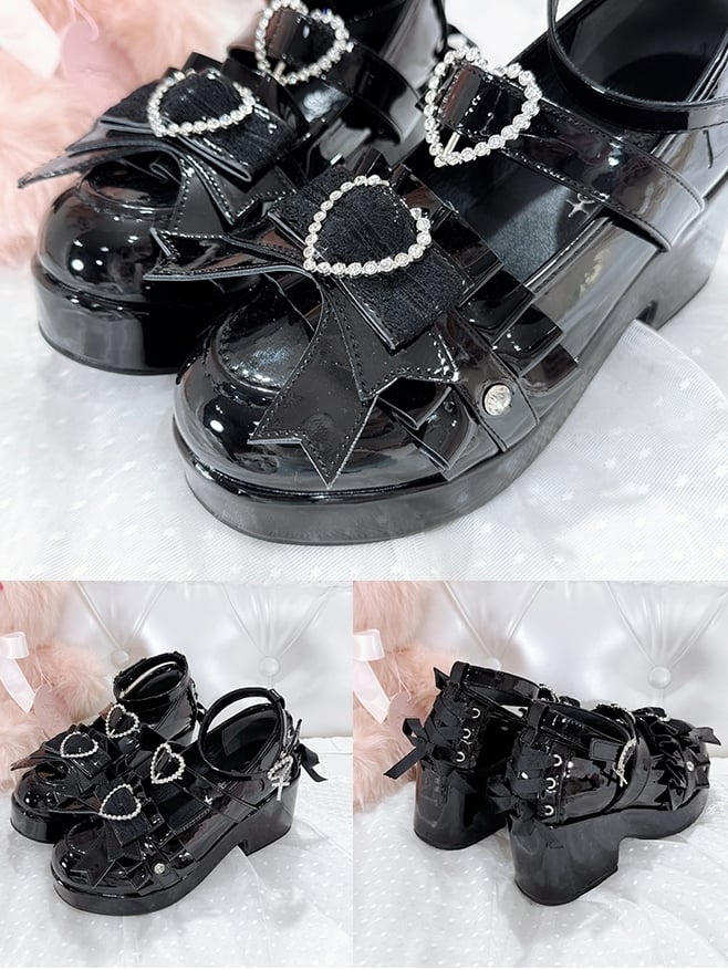 Block Platform High Polished Lace-up Heart Rhinestone Decorated Details Kei Jirai Black Heels