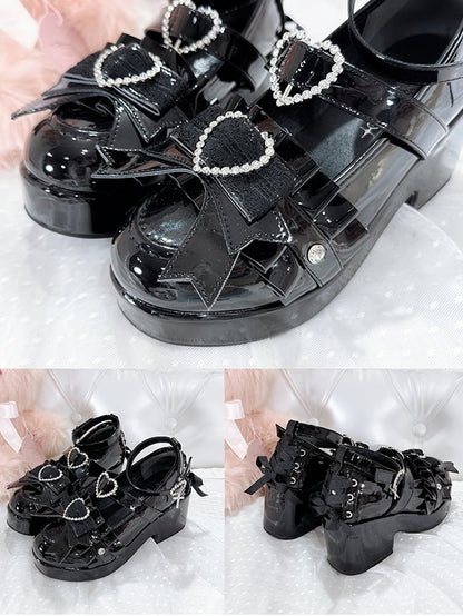 Block Platform High Polished Lace-up Heart Rhinestone Decorated Details Kei Jirai Black Heels