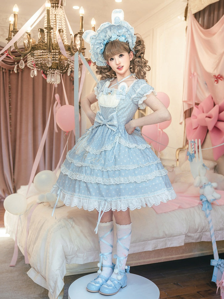 Bunny Square Dots Pattern Ears Lolita Polka Blue Plush Neckline Sweet Dress