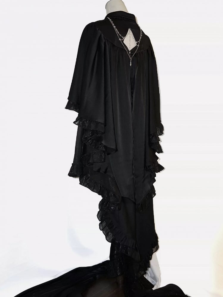 Lolita Design Ruffle Ouji Cape Cascading Collar Gothic Foldover Shirt Pointed Black