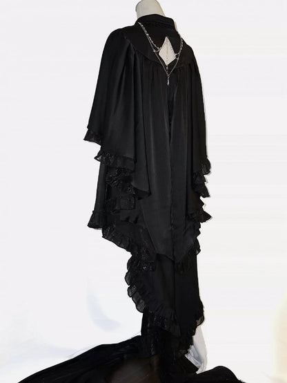 Lolita Design Ruffle Ouji Cape Cascading Collar Gothic Foldover Shirt Pointed Black
