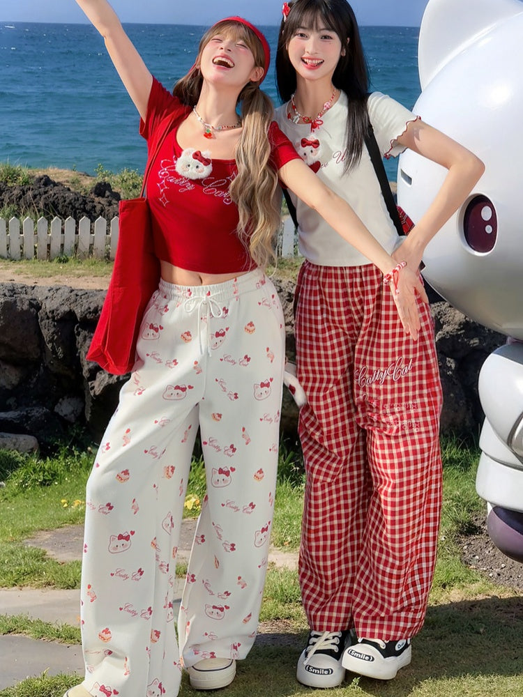 Pants with Kitty Plushie Red Plaid Elastic Waist Wide-Leg Casual