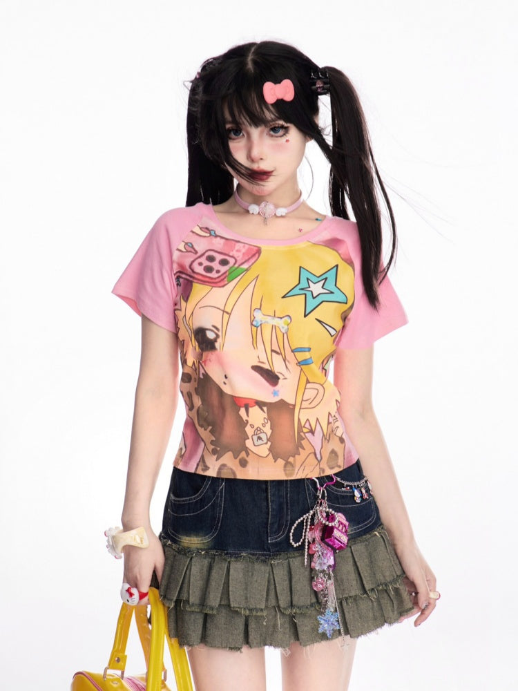 Pink Y2K Cartoon Girl Print T-Shirt/Cami Top