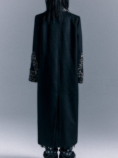 Black Wool Thickened Coat with Vintage Leopard Accents
