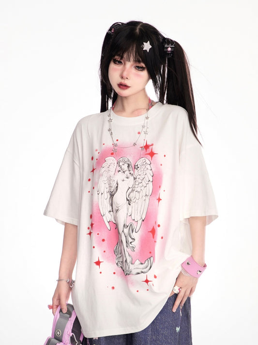 Print Loose White Round Neck Angel T-Shirt Statue