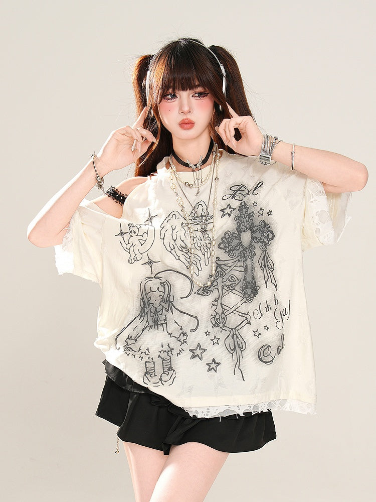 Apricot/Black Cutout Shoulder Lace Trim Graphic T-Shirt