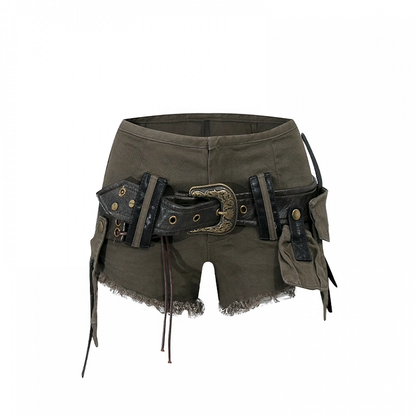Braune Low Belt Rise Faded Wash Raw Hem Denim Shorts Schnalle mit
