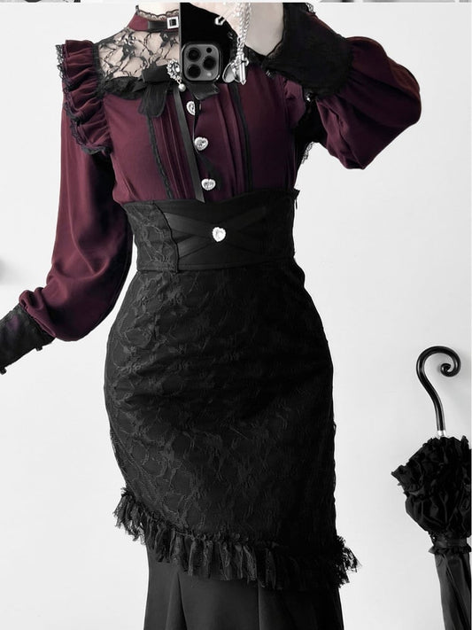 Wine Red Illusion Neckline Pleating Details Jirai Kei Blouse with Bow Tie
