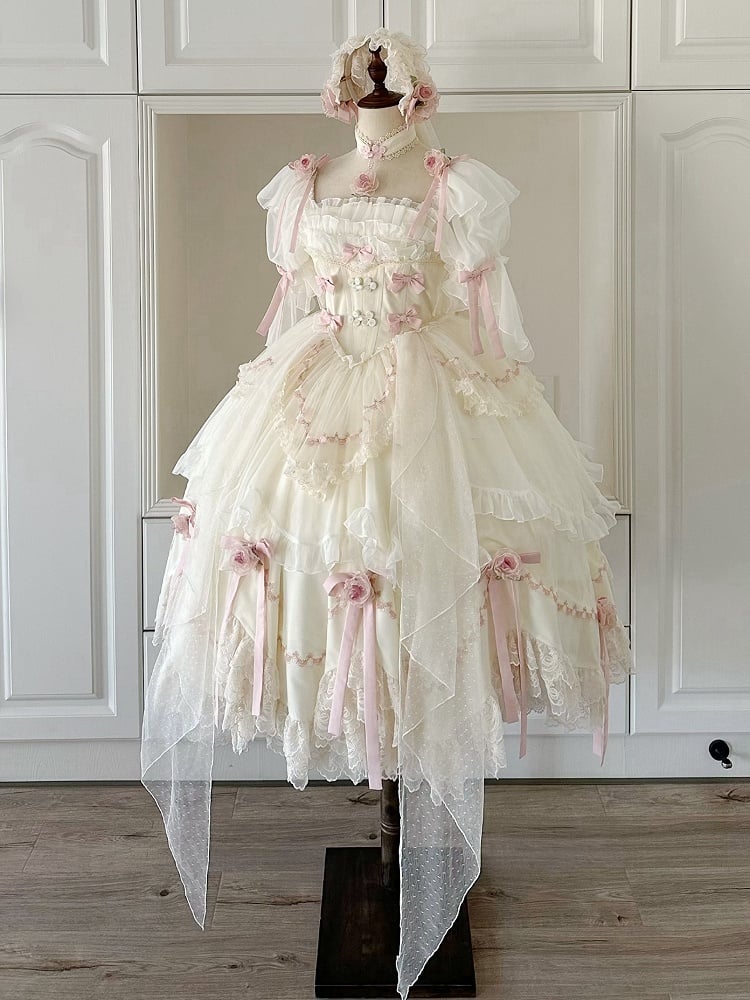 Ensemble complet Hanayome Lolita OP / avec nœuds décoratifs à la taille et basque de fée florale beige