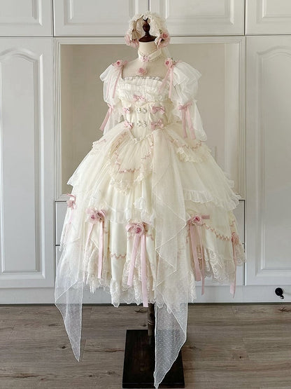 Ensemble complet Hanayome Lolita OP / avec nœuds décoratifs à la taille et basque de fée florale beige