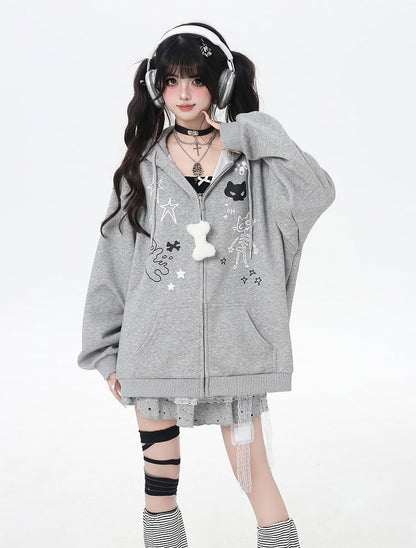 Bone Plushie Schwarz/Grau Zip-up Hoodie mit Kitty Ohren Kapuze und