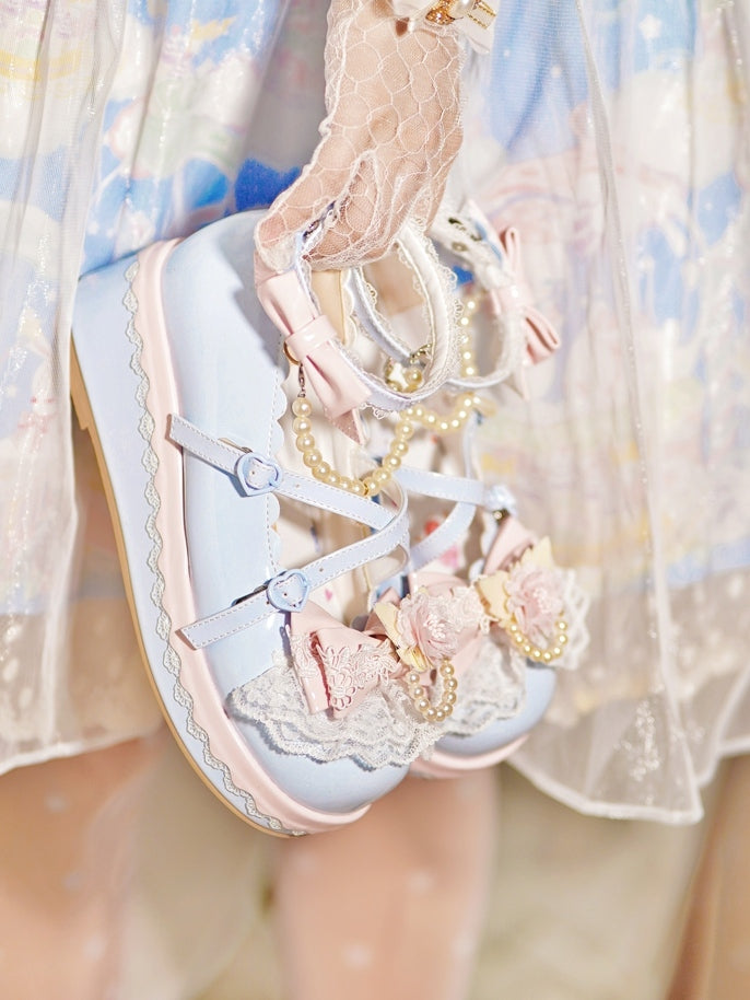 Blue Design With Lace Beaded Top Heart Platforms Detachable Buckle Chain at Trim Floral Bow
