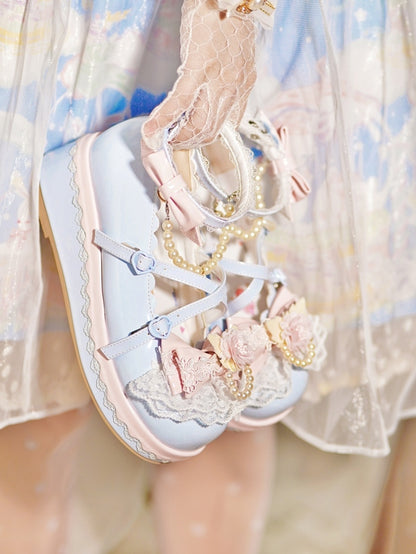 Blue Design With Lace Beaded Top Heart Platforms Detachable Buckle Chain at Trim Floral Bow
