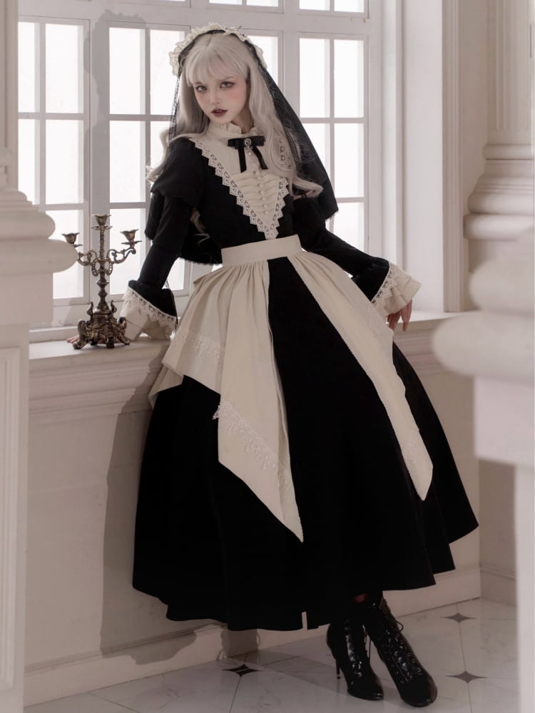 Elegant Black and Beige Ruffle Banded Collar Gothic Nun Lolita Dress