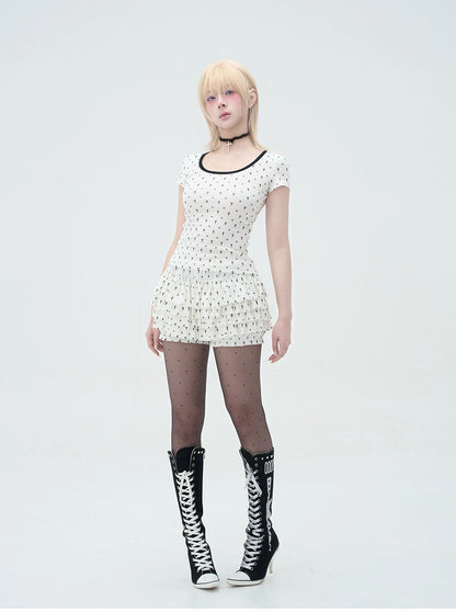 Detail Back Cat Paw Print Cat Ears and T-Shirt White at Allover Black Cross Pastel Gothic