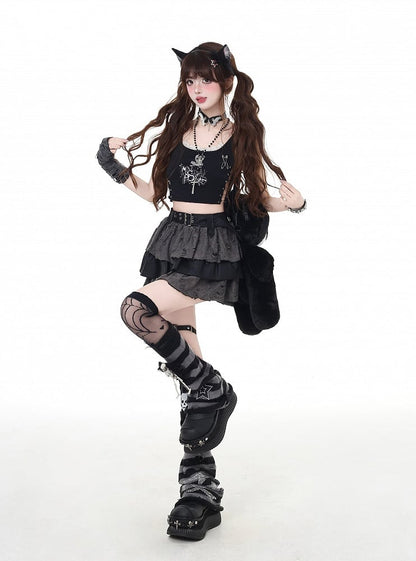 Stufenrock Grau Distressed Löcher Gefüttert