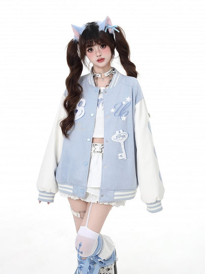 Veste de baseball Yume Kawaii rose/bleu avec appliques clés
