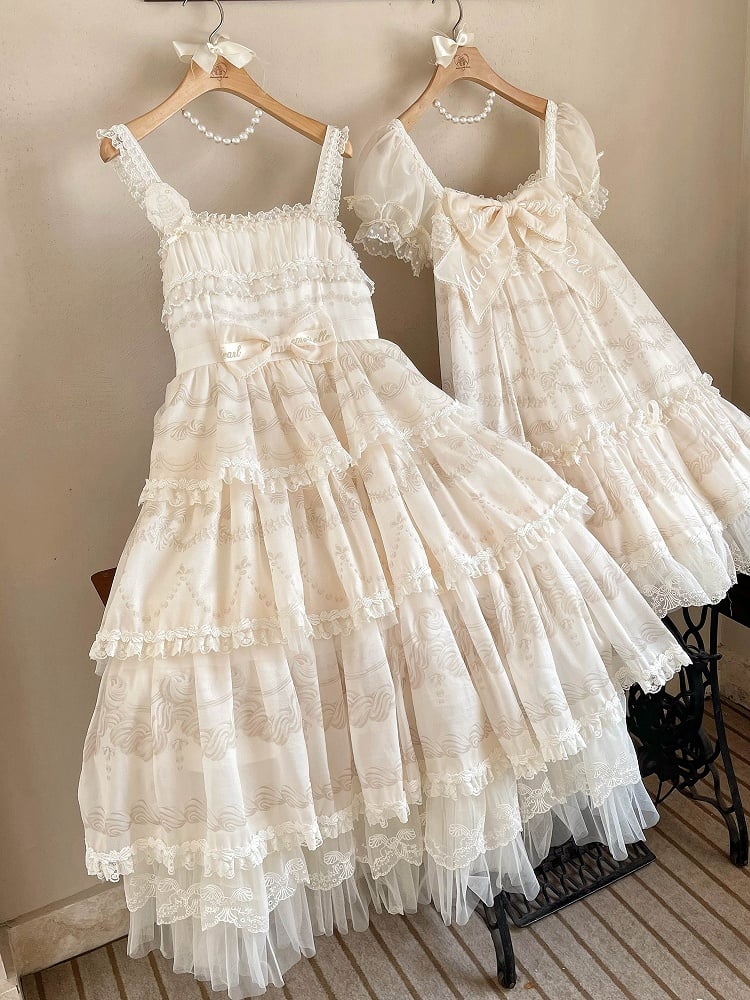 Cream Tiered Print Skirt Jumper Beads Lolita Neckline