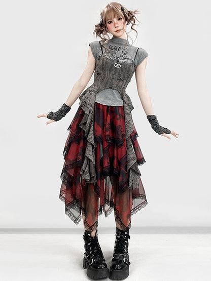 Tie Red Trim Lace Hem Y2K Skirt Handkerchief Dye Tiered