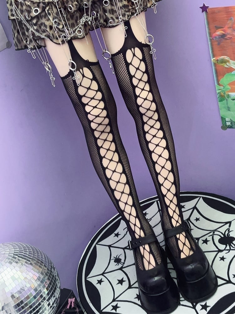 Cut-out Rock Black/Red/White Suspender Punk Design Stockings