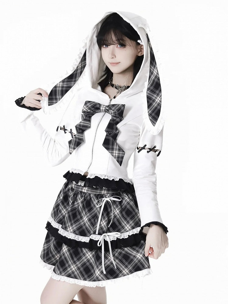 Lace-up Lace Trim Bunny Ears White/Black Design Hood Zip Closure Hoodie Sleeves Detachable