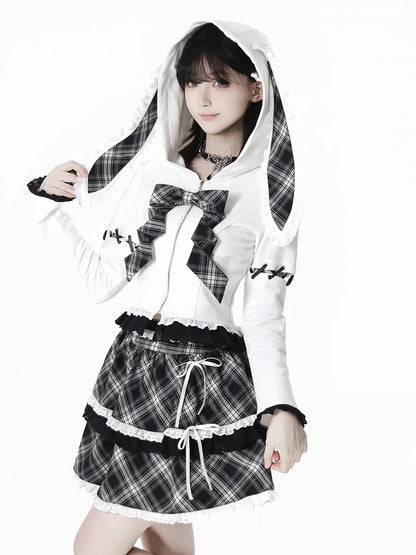 Lace-up Lace Trim Bunny Ears White/Black Design Hood Zip Closure Hoodie Sleeves Detachable