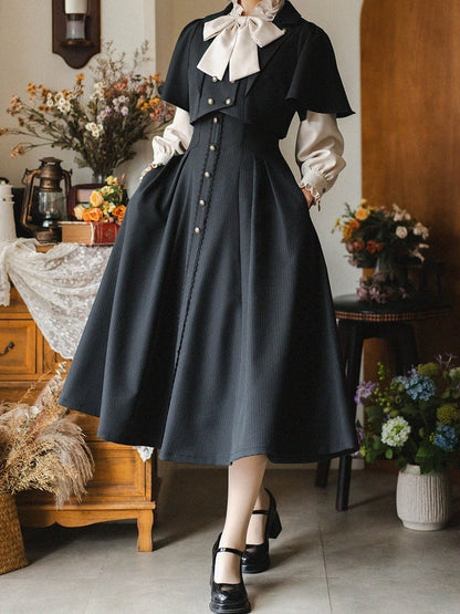 ブラックのエレガントなヴィンテージボーン入りハイウエストミディ丈ストライプ生地ロリータスカート