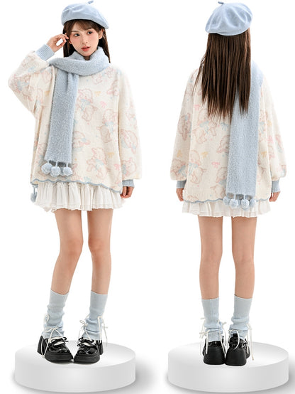 Beige Cute Lamb Pattern Sweater with Scalloped Edge Trim
