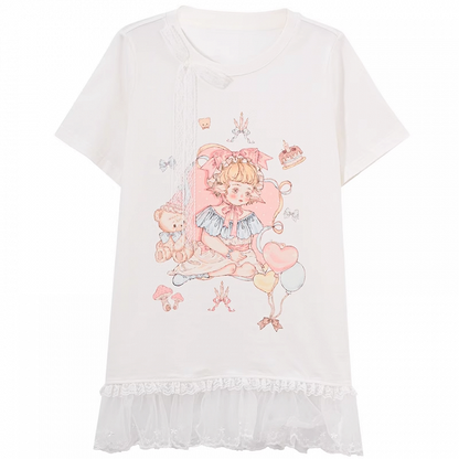 Rosa/weißes T-Shirt mit Spitzenbesatz und süßem Rundhalsausschnitt