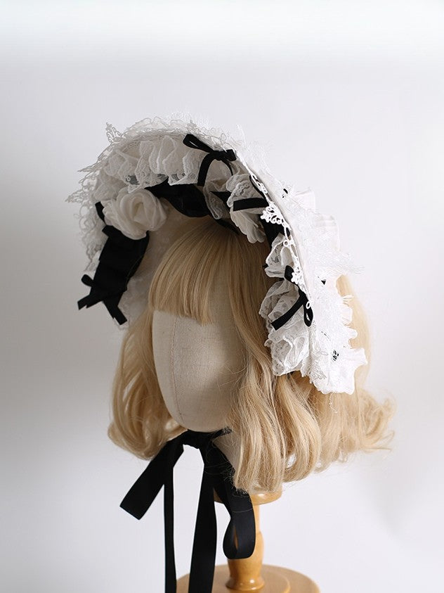 Maid Details Lolita Bonnet Design Floral BlackWhite Trim Bowknot Lace