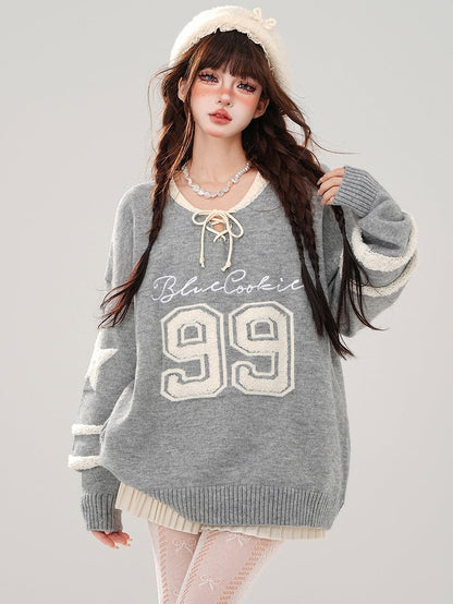 Red/Grey Numbers Lace-up Detail V-neck Loose Sweater