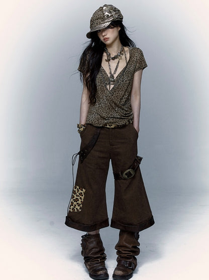 Leopard Pockets Brown Punk Low Waist Pants