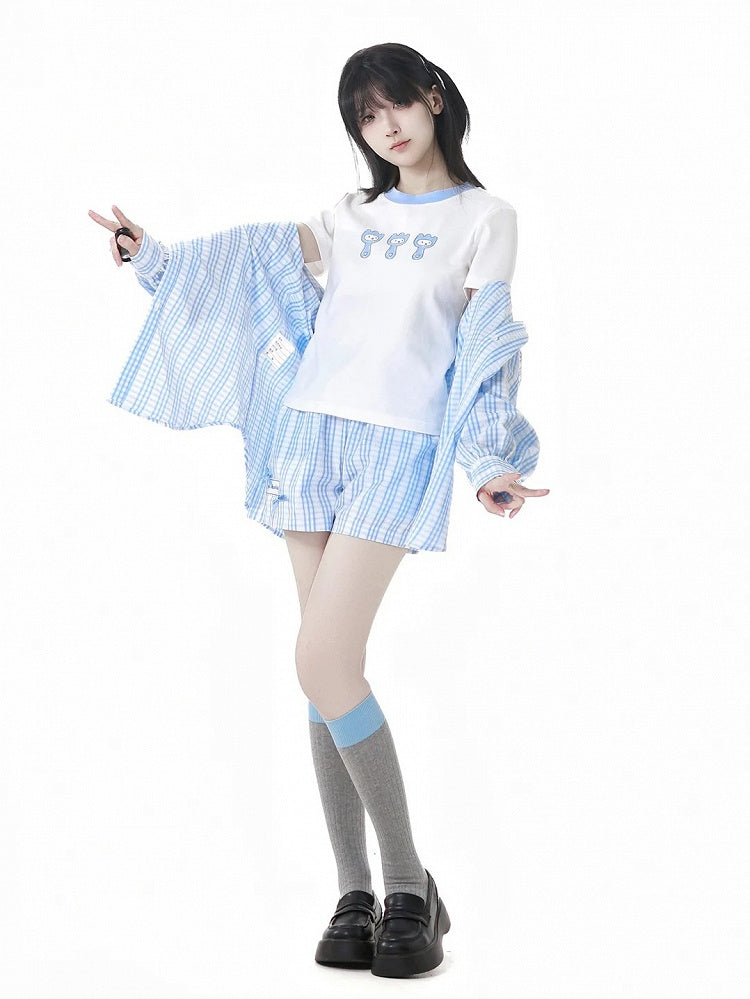 Blue  White Elastic Waist Plaid Shorts
