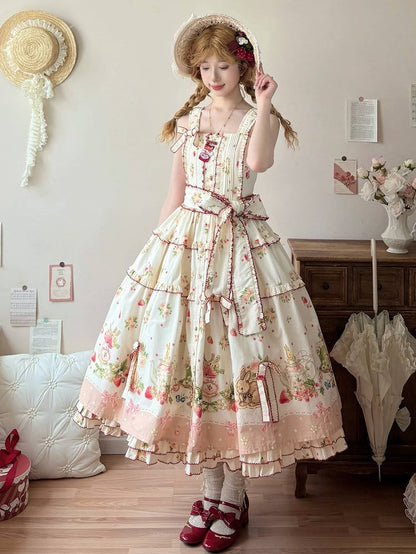 Floral Pink Hemline Lolita Fashion Dress Bunny Print House Strawberry and
