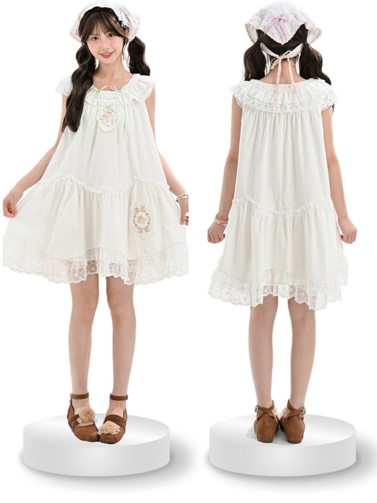 Mori Kei Dress White Floral Embroidery Lace Trim