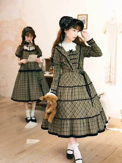 with Sleeves Elegant Classic Plaid Dress and Black Long Neckline Green Piping Lace Lolita