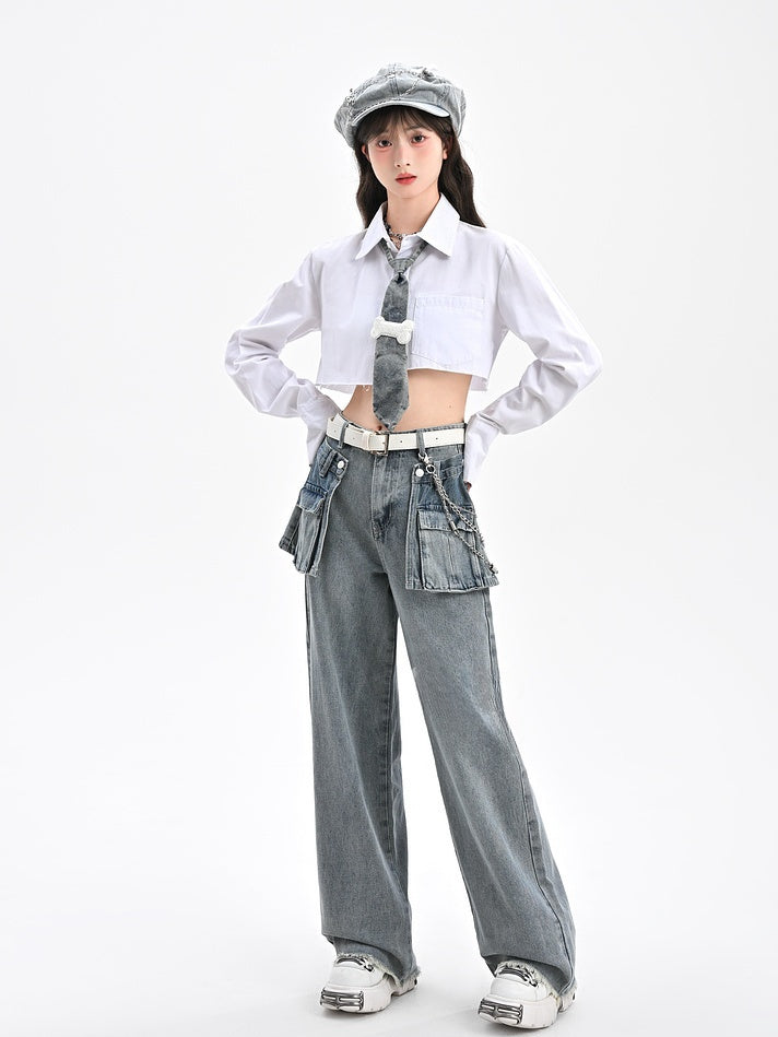Wide-Leg Jeans with Detachable Skirt Accessory Blue Vintage