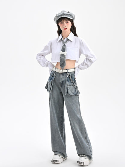 Wide-Leg Jeans with Detachable Skirt Accessory Blue Vintage